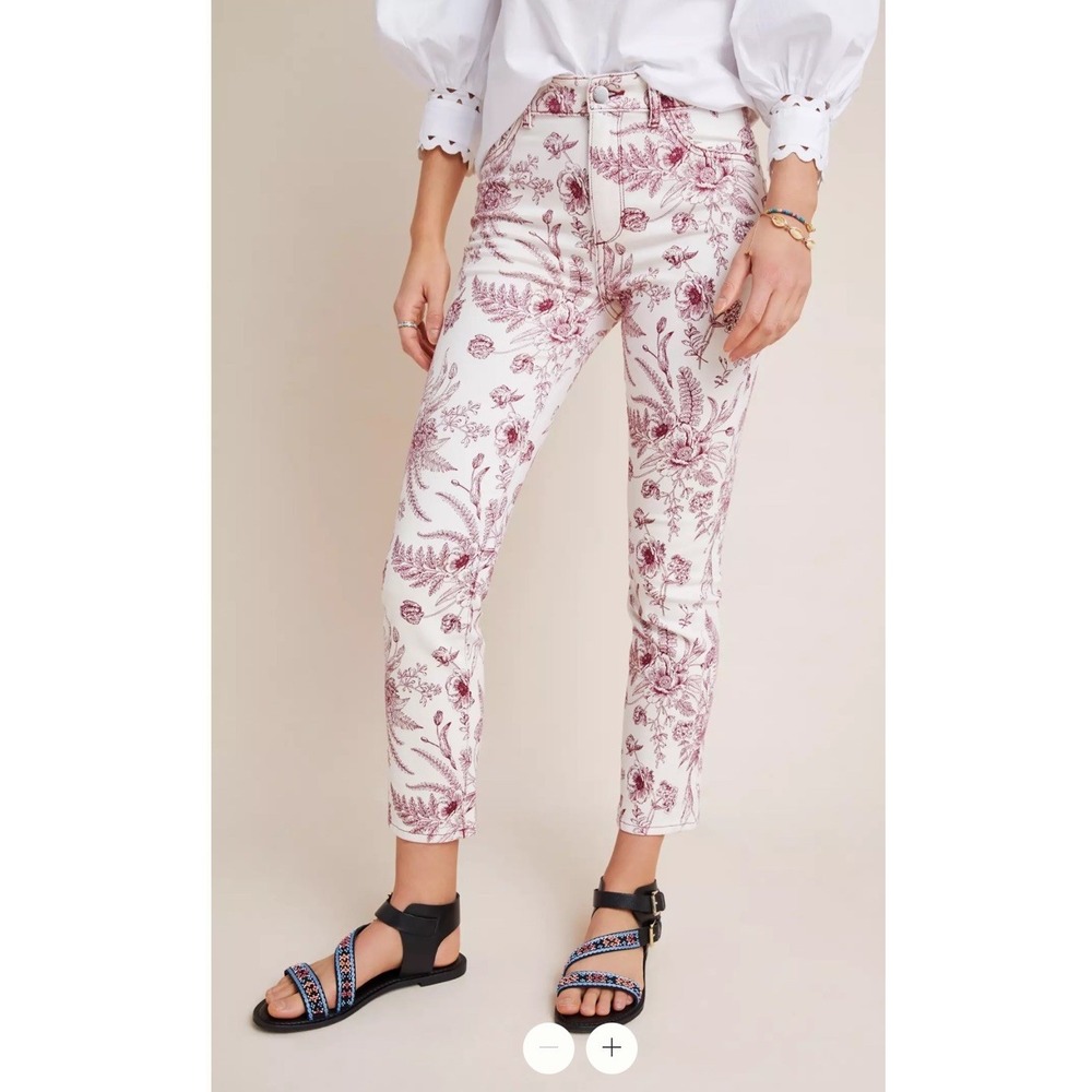 EUC DL1961 Floral Print White & Burgundy Slim Jeans